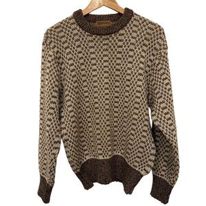 Vintage Scottish Wool Tan and Brown Patterned Crewneck Grandpa Sweater